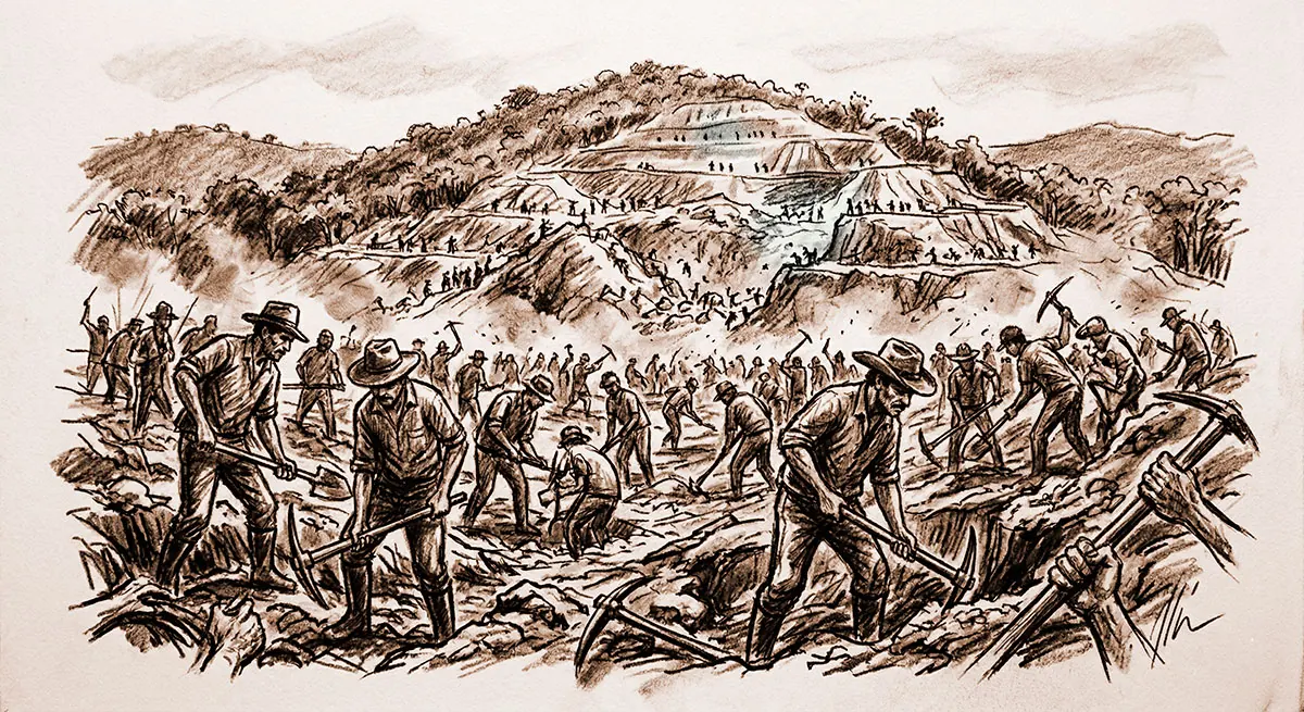 Garimpeiro carregando saco de terra nas escadas da cava